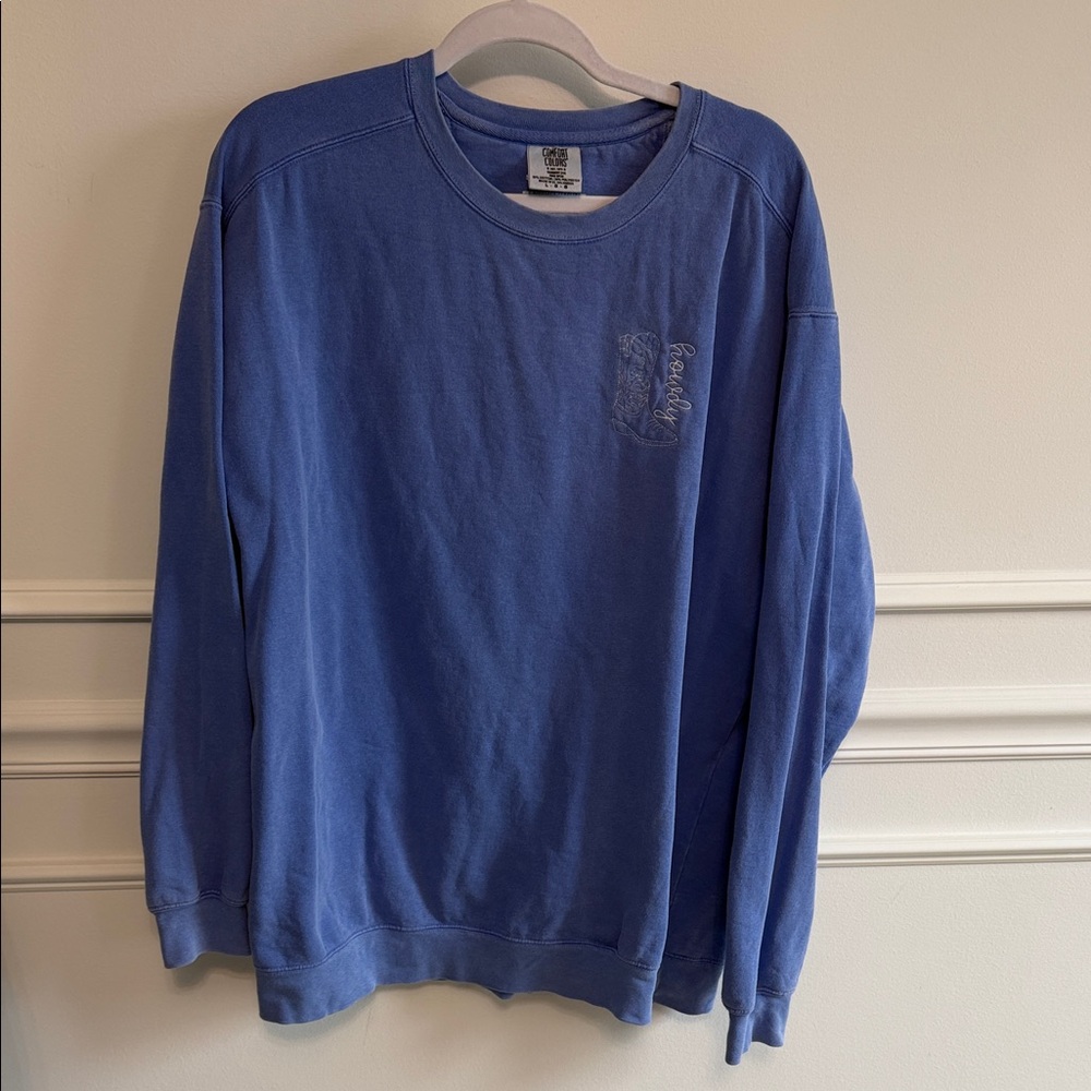 Comfort Colors Blue Crewneck Howdy Boot Embroidery Sweatshirt